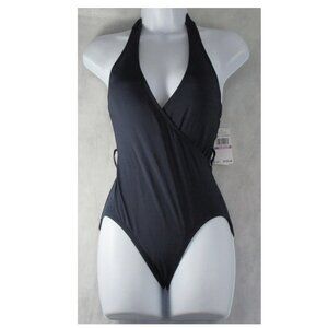 Michael Kors Women's Belted Surplice Halter One-Piece Swimsuit, Navy Blue, 6